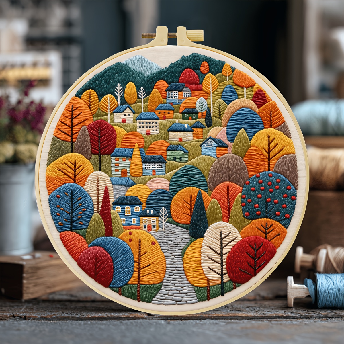 TEMU 1pc Embroidery Kit, 20x20cm/7.9x7.9inch, Beautiful Village, Handmade Embroidery Kit, Suitable For Embroidery Enthusiasts And Adult Beginners,