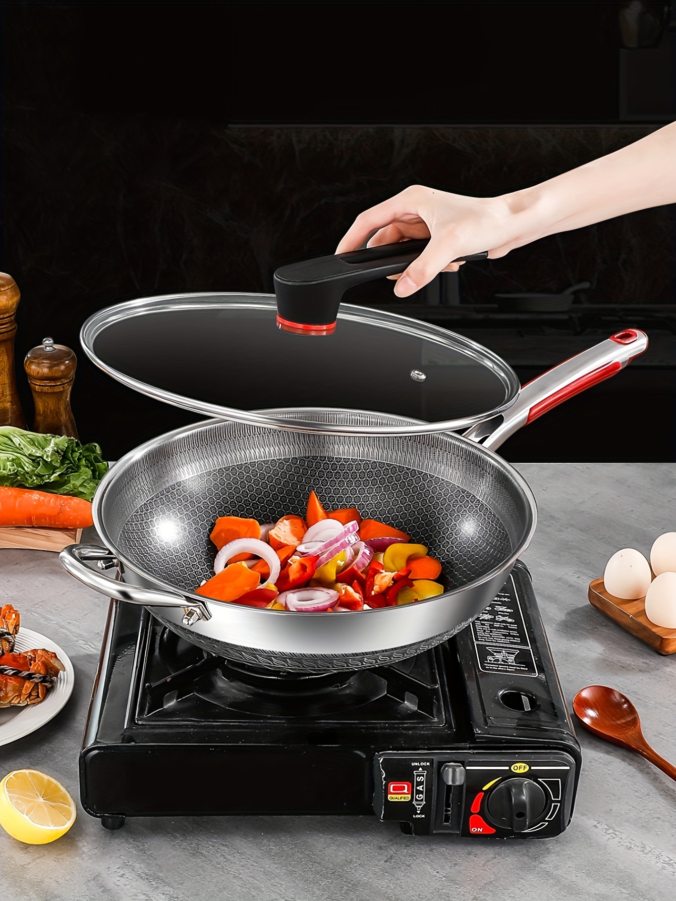 1stainless steel frying pan outdoor camping frying pan special pan for gas stove induction cooker non stickpan for fried steak fried eggs and fried fish kitchen honeycomb non stick frying pan large capacity frying pan with lid andhandle32cm 34cm 36cm details 0