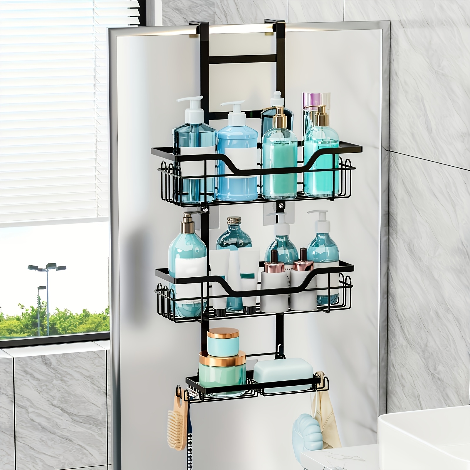 TEMU Luxurious 3-tier Over-the-door Hanging Shower Caddy Rack - Rustproof C Construction, Hanging Bathroom Organizer With Soap Holder, Space-saving