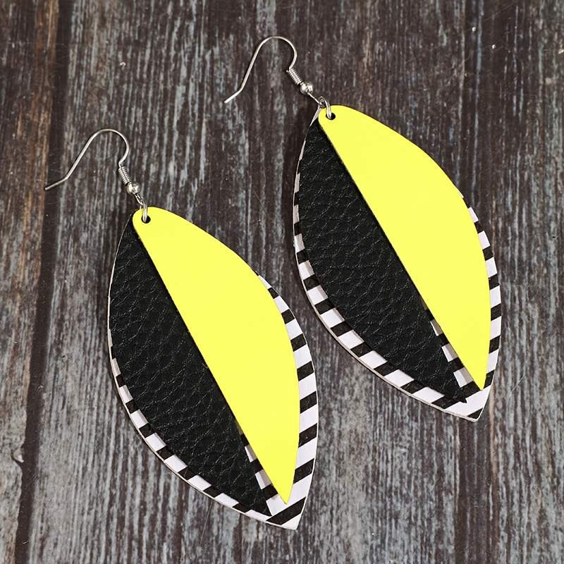Women's Bohemian Yellow and Black Color-block Leaf Statement Earrings