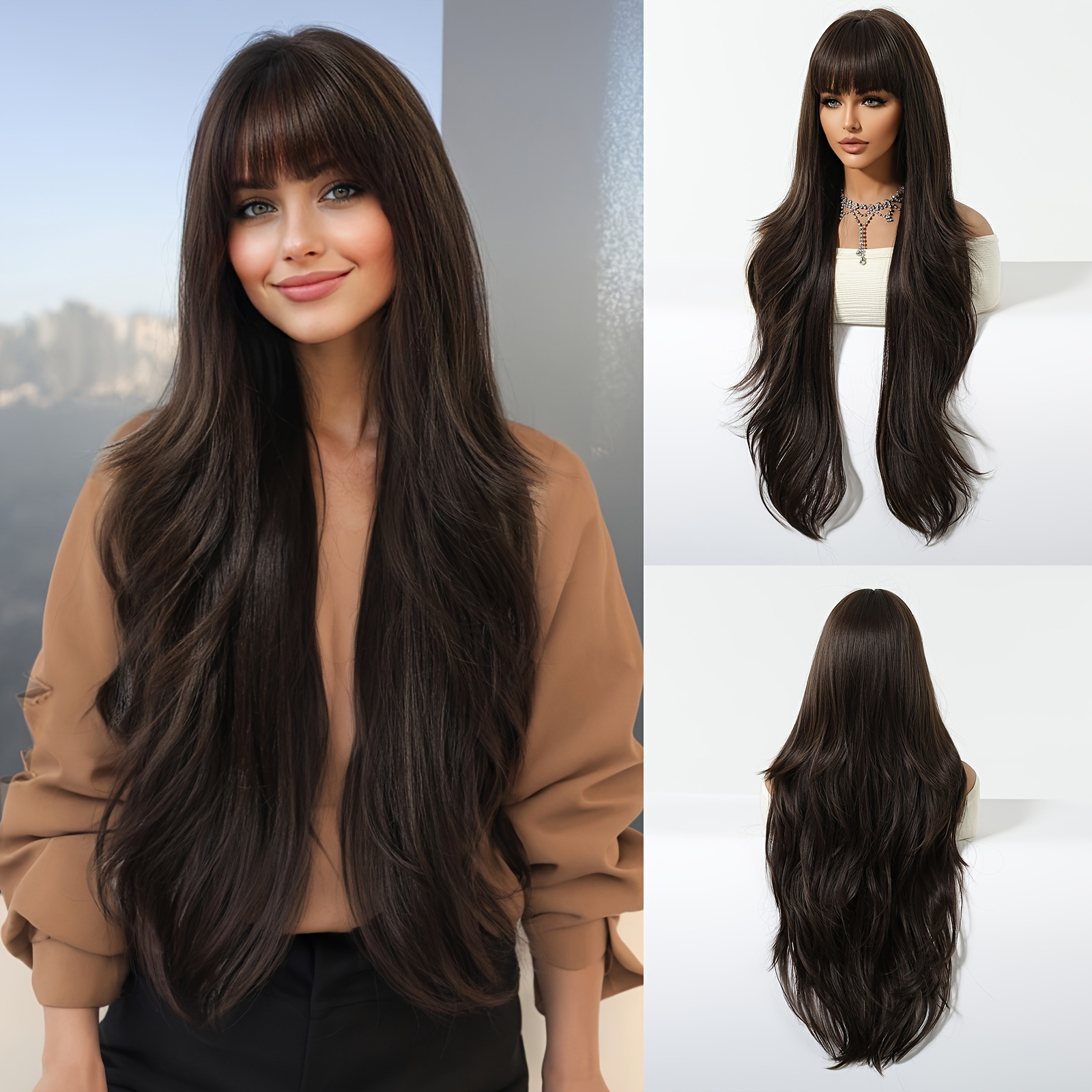 

Long Curly Wavy Wig With Bangs Synthetic Wig Beginners Friendly Heat Resistant Elegant For Daily Use Wigs For Women