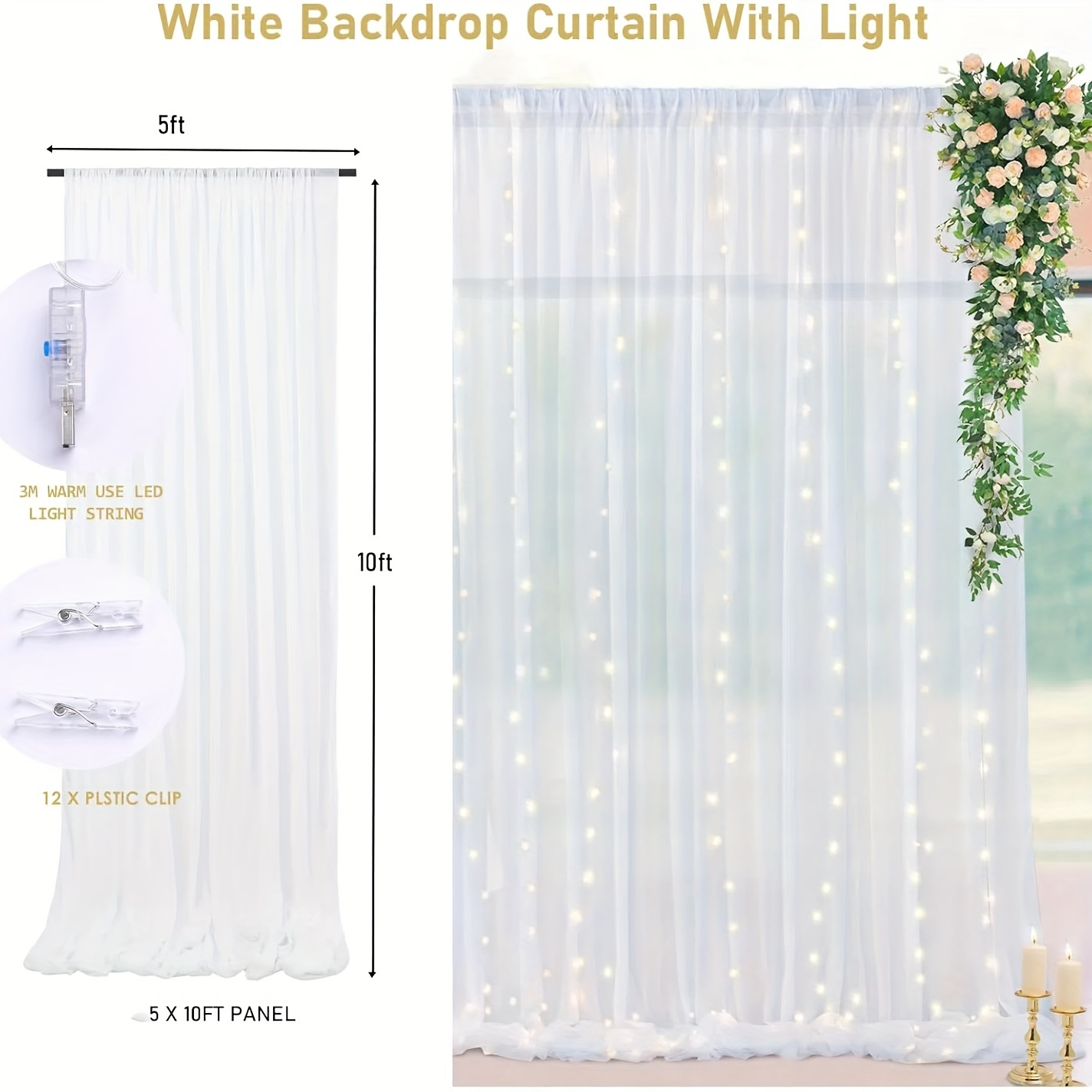 Toile De Fond En Tulle 3x3 M – Blanc – Pour Décoration Mariage, Fête, Photo – Soie Glacée 68DD - 4