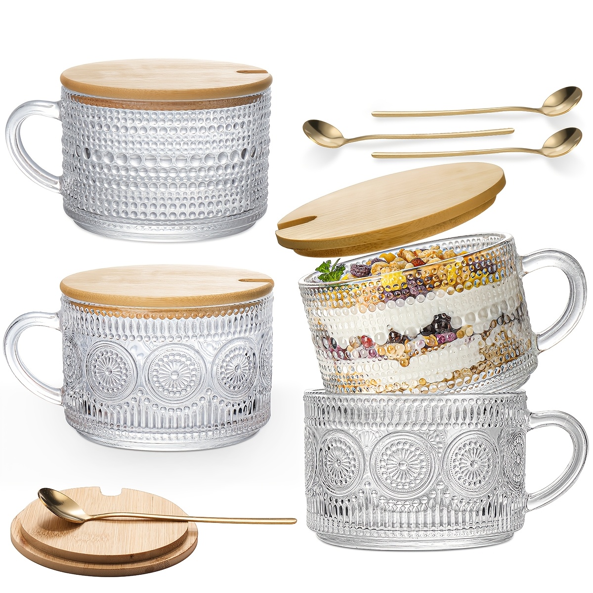 TEMU Vintage Glass Coffee Cups 4pcs Set, Overnight Oats Containers With Bamboo Lid And Spoon, Glass Tea Cups, Coffee Bar Accessories, Birthday And