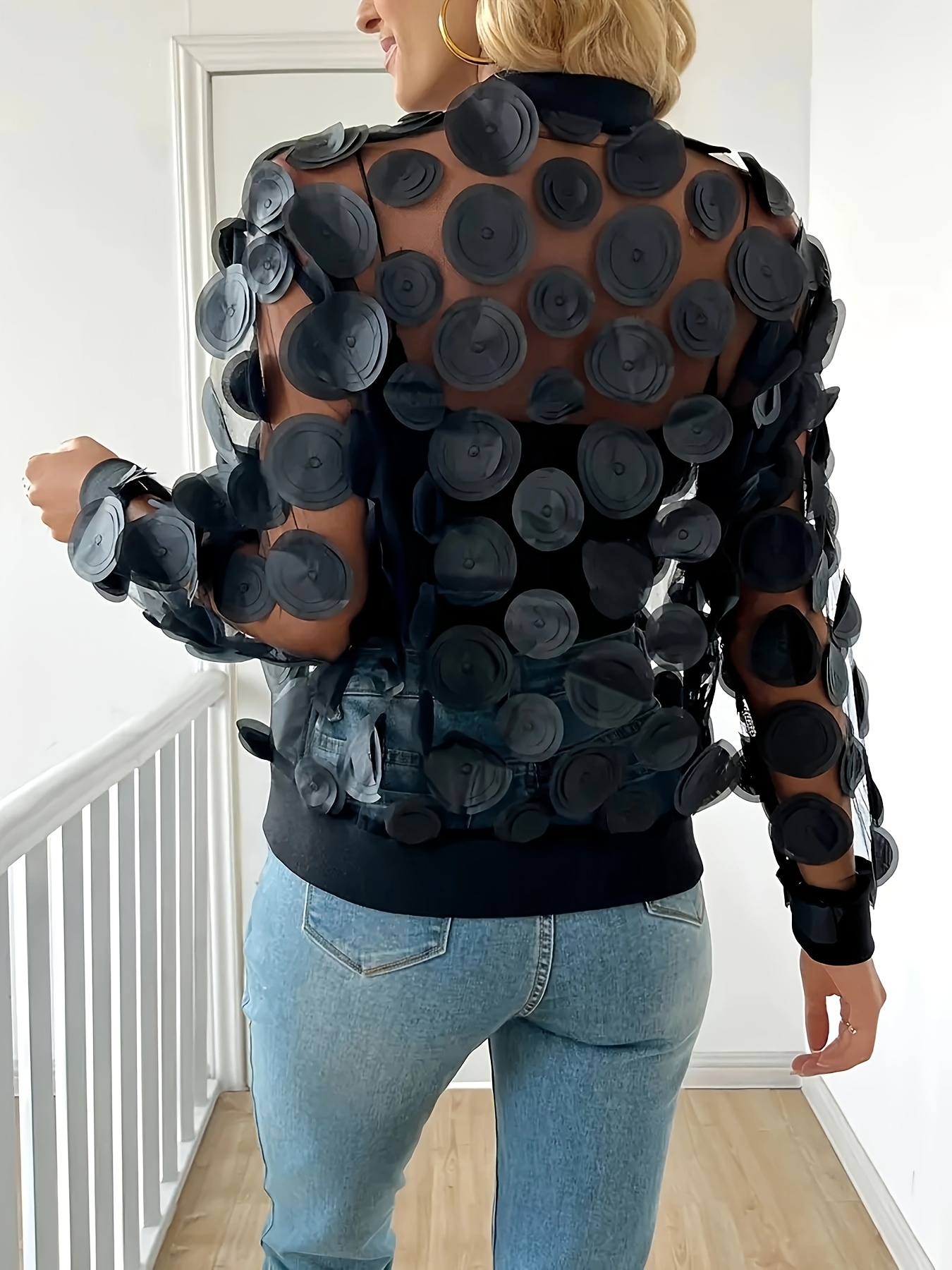 women's plus size elegant sheer mesh zip jacket round Temu Portugal