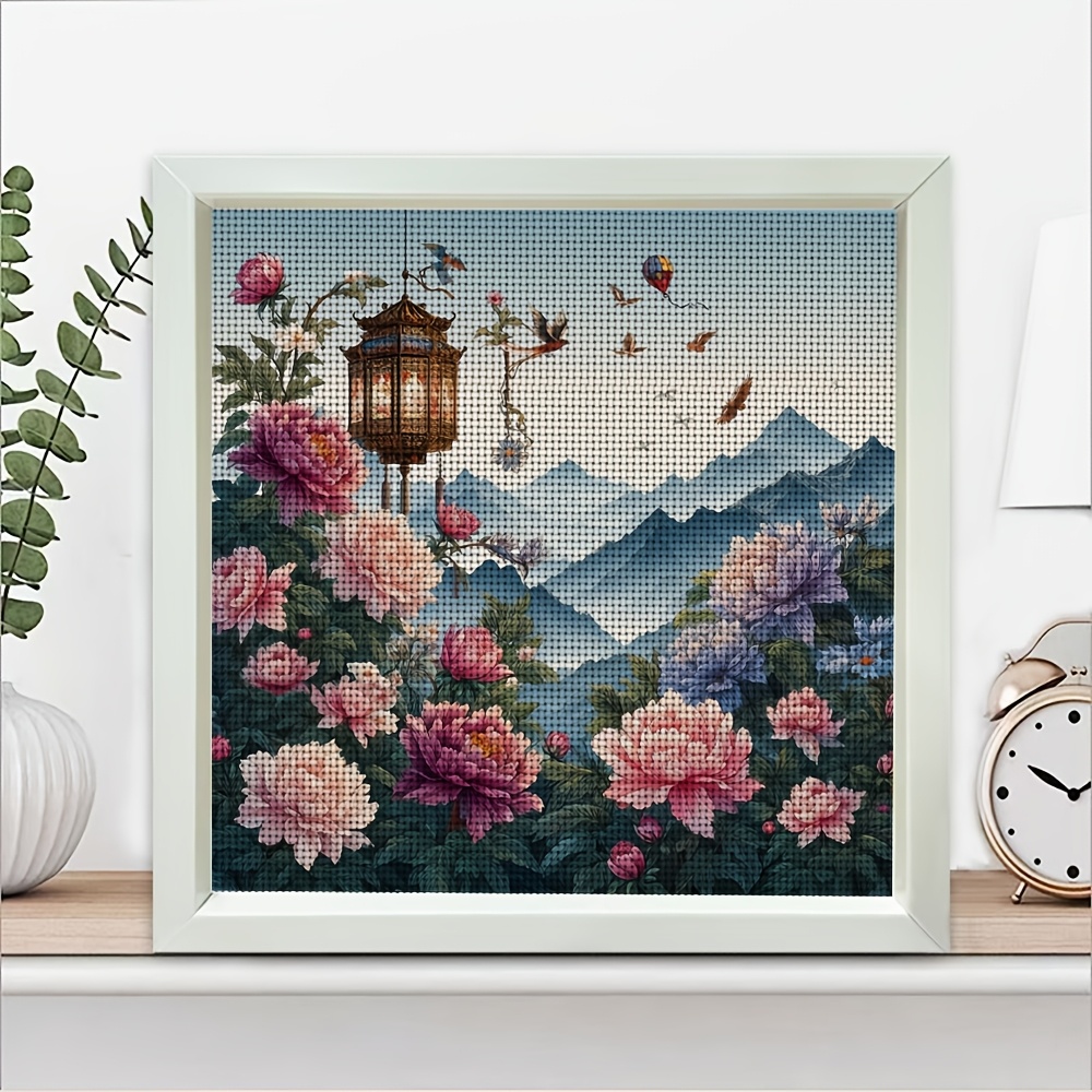 Frameless Cross-Stitch Printed Kit, "Peonies, Lanterns, and Landscape" Design