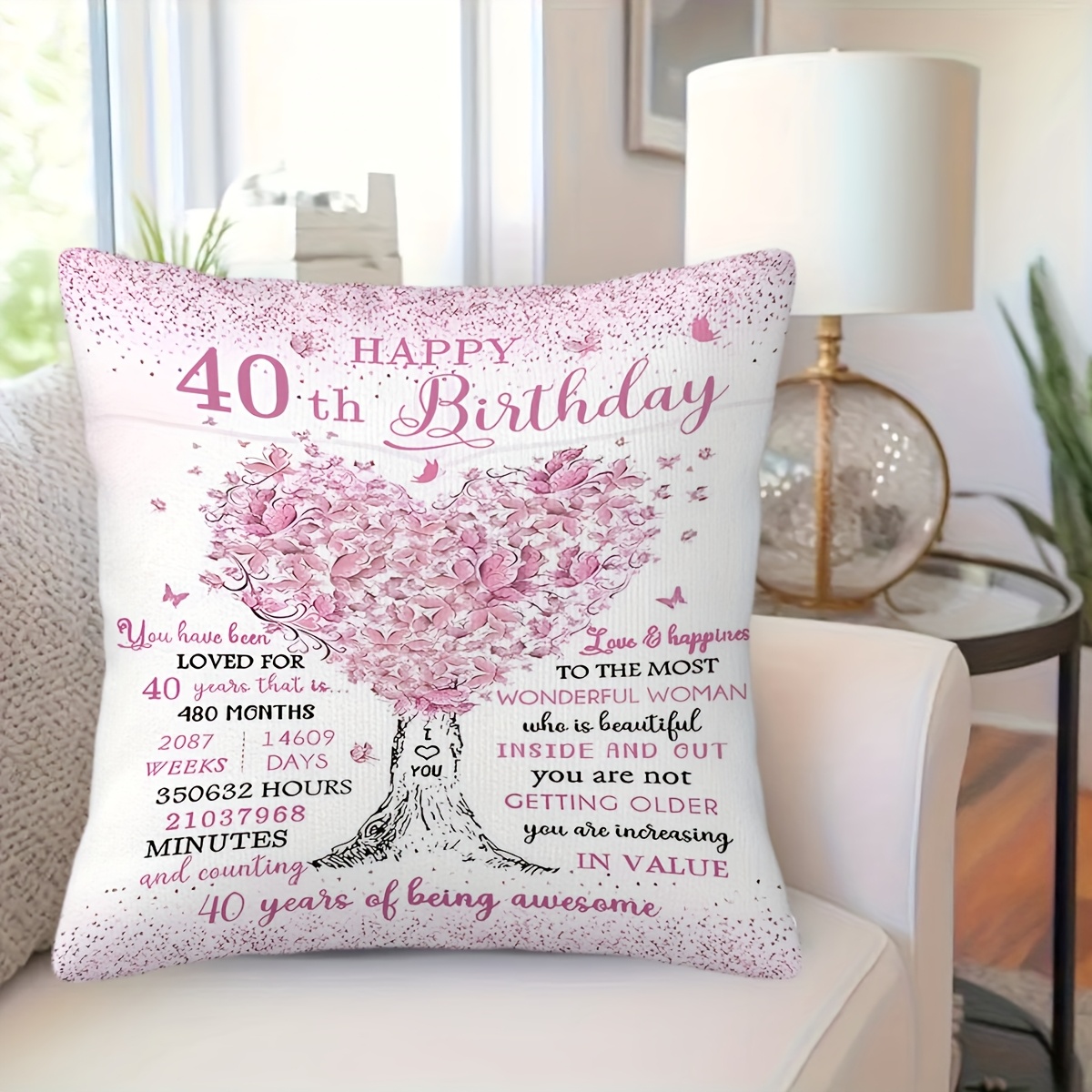 TEMU 1pc 40th Birthday Floral Decorative Pillow Cover - Soft Plush Zipper Closure, Single-sided Print For Sofa Bedroom Car Decor, Perfect Gift For