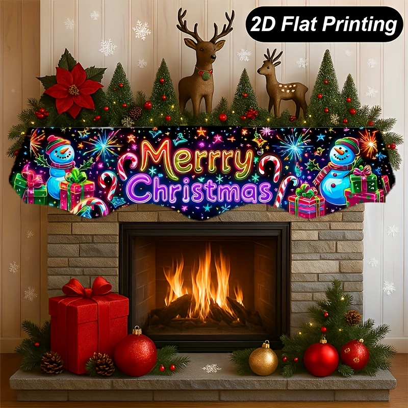 TEMU 2d Flat 1pc Neon Glow In The Dark Christmas Fireplace Scarf - Luminous Christmas Garland, Neon Lights, Snowflake Decorations - Living Room,