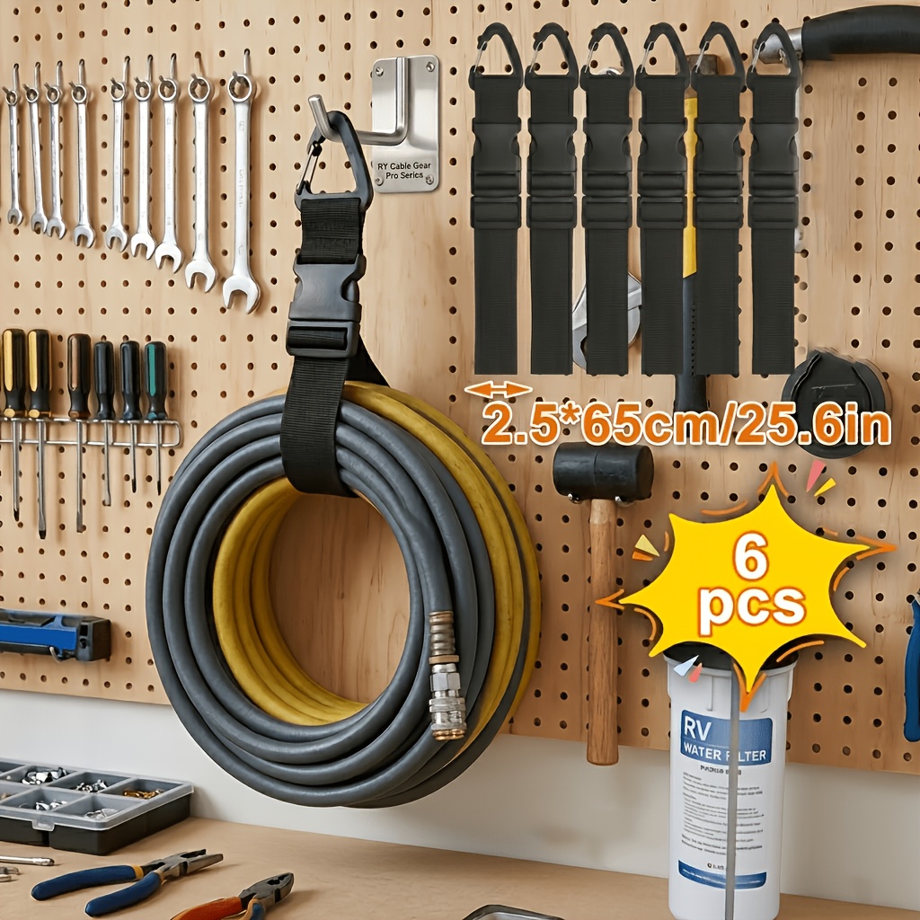 TEMU 6 piezas 2.5 Cm Soporte para manguera de agua de jardín, correas organizadoras de cable de extensión ajustables de resistencia, instalación sin