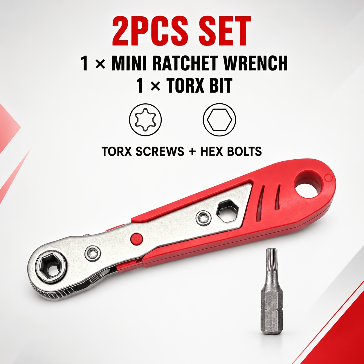 TEMU 2pcs Mini Ratchet Screwdriver Wrench And Bit Set With Torx Bits, Low-profile 90° Right- Tool, Center Hex Socket For Driving External Hex Bolts,