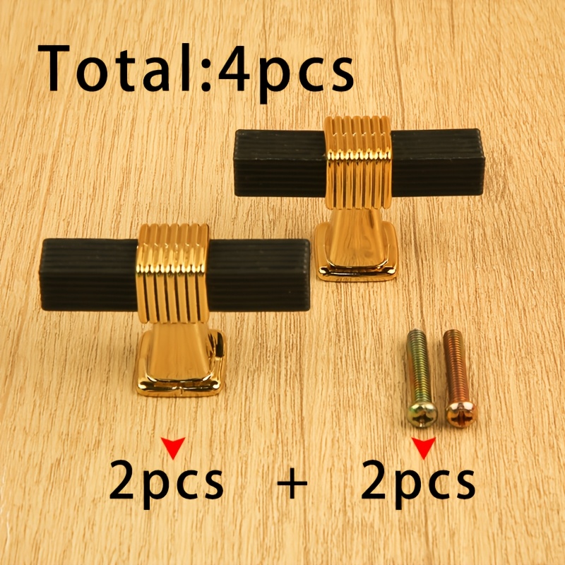 TEMU 2pcs Of 5102 Black And Golden Vertical Stripe T-shaped Plastic Handles + 2pcs Of 4x22 Colored Screws, Total 4pcs. Light And Golden Vertical