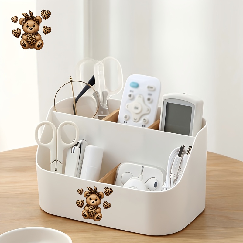 1pc cartoon printed desktop organizer leopard print scarf bear holding heart shaped bear bathroom storage tool large living room clutter box large capacity plastic storage box