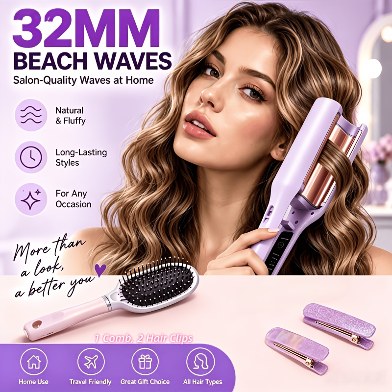 TEMU 32mm Hair Waver For Women, Deep Wave Curling Iron, Hair Crimper For , 8pcs Hair Styling Set, 4 Adjustable Temperature Settings, Fast Anti-scald