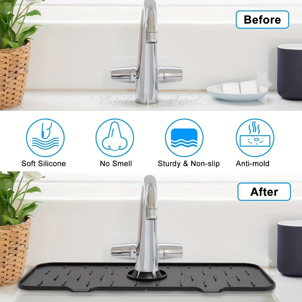 

Two-color Options, Kitchen , Silicone Faucet Mat, Kitchen Sink Guard And Dish Drying Mat, Non-slip, Waterproof Rubber Faucet Sink Mat, Suitable For Bathroom And Kitchen Countertops