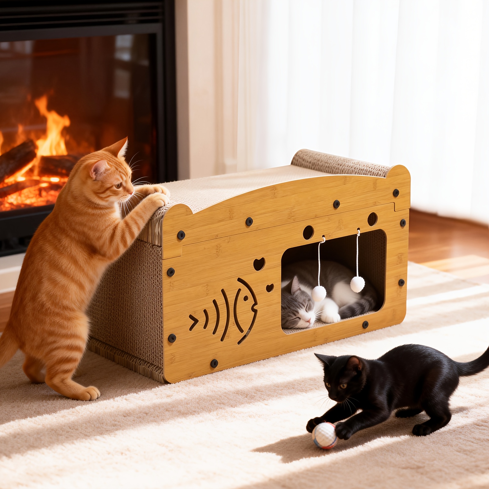 Bubble Scratching Board, Natural Wood Single-layer Cat Bed, Integrated Scratching Cabin