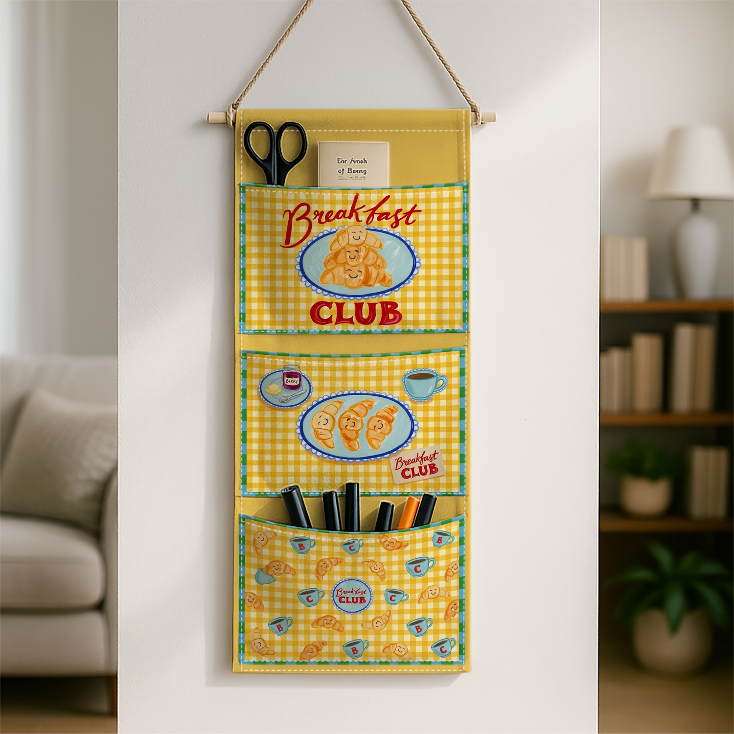 TEMU 1pc Retro Kitchen Typographic 3 Pockets Hanging Bag Breakfast Club Yellow Checkered, Dinnerware, Wardrobe Organization, Home Storage,