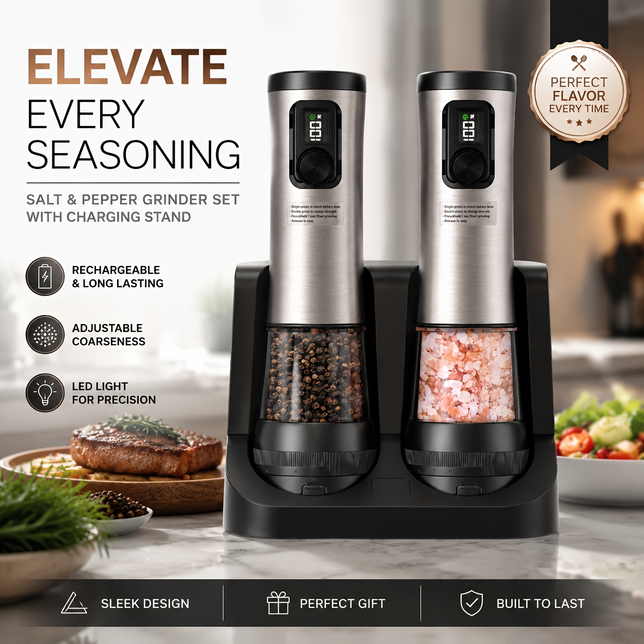 item picture 2 pack electric salt and pepper grinder automatic   with built in battery indicator rugged stainless steel body 5 setting grind adjustment magnetic charging and storage base   kitchen countertops and camping activities