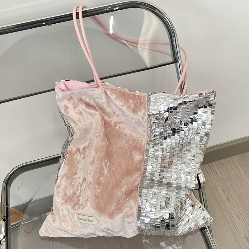 TEMU 【商品名】韓国風 個性的な トレンディ スパークリー スパンコール ピンク＆シルバー スパンコール ニッチ デザイン スタイル 大容量 パッチワーク トートバッグ 通勤 お出かけ デイリーショッピング ショルダー レイジースタイル ハンドヘルド トートバッグ