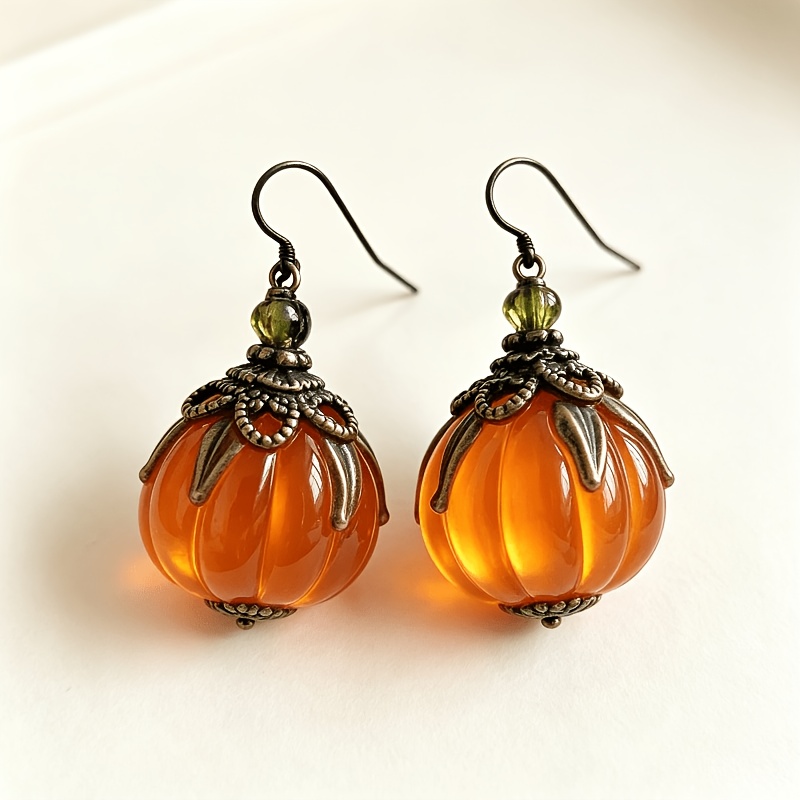 TEMU Vintage Orange Pumpkin Shape Dangle Earrings Antique Bronze Leaf Wrapped Drop Earrings Aesthetic Autumn Halloween Jewelry Additions Thanksgiving