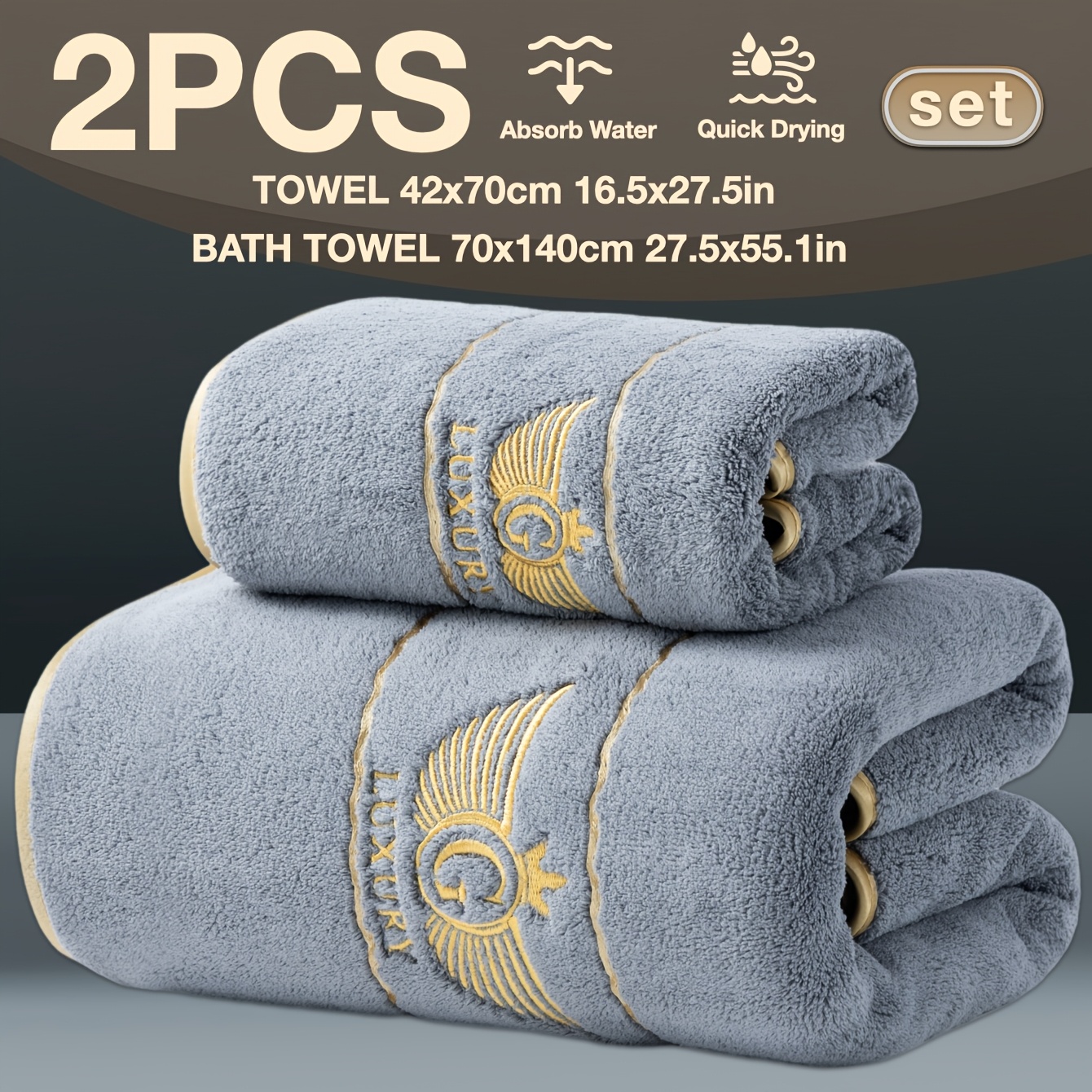 TEMU 2pcs Golden-embroidered Towel And Bath Towel Set, 140 X 70 Cm Bath Towel And 1 42 X 70 Cm Hand Towel. Absorbent, Quick-drying, , Skin-friendly,