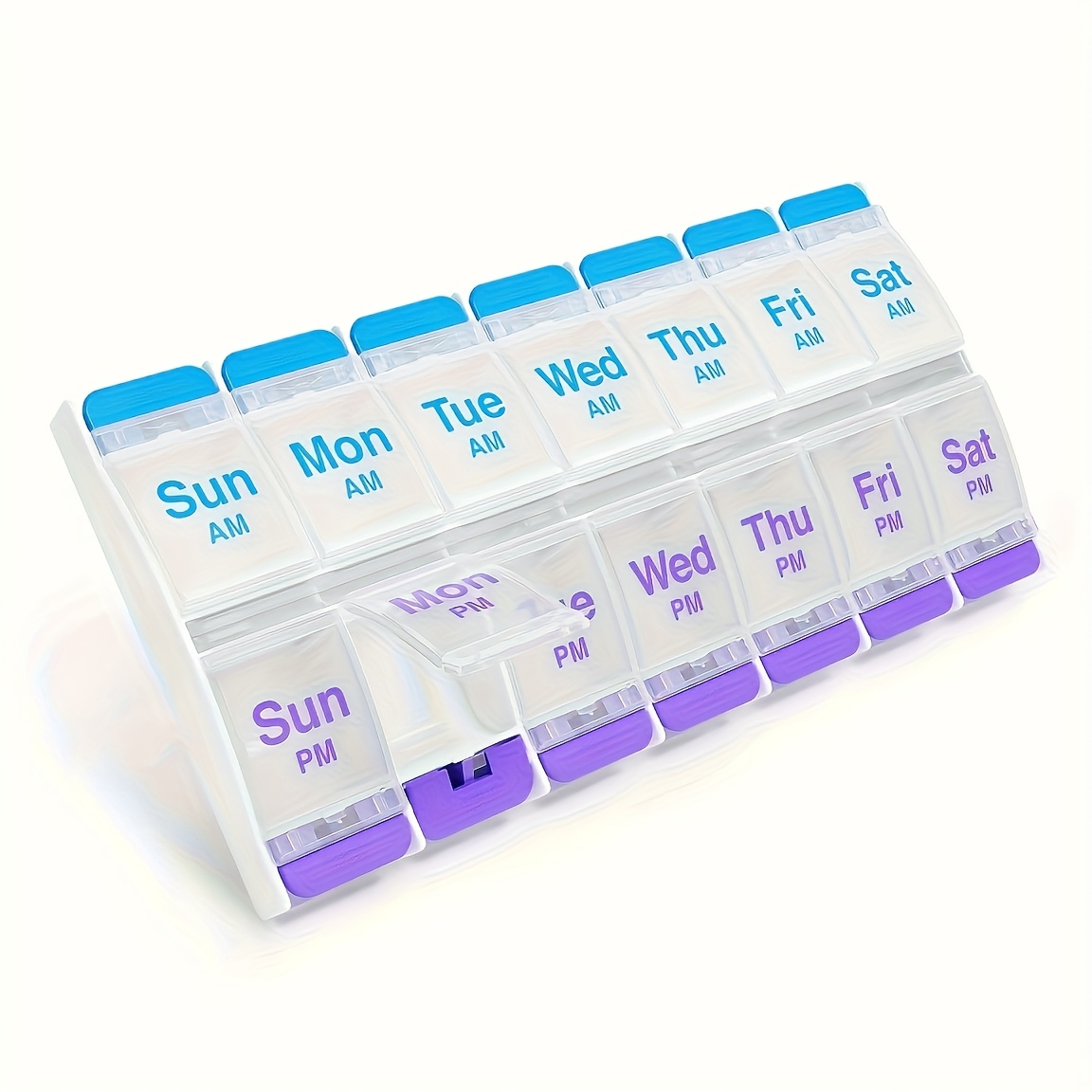 Push Button (7-day) Pill Case, Medicine Planner, Vitamin Organizer, 2 Times A Day , Large Compartments, Arthritis Friendly, Clear Lids, Convenient And