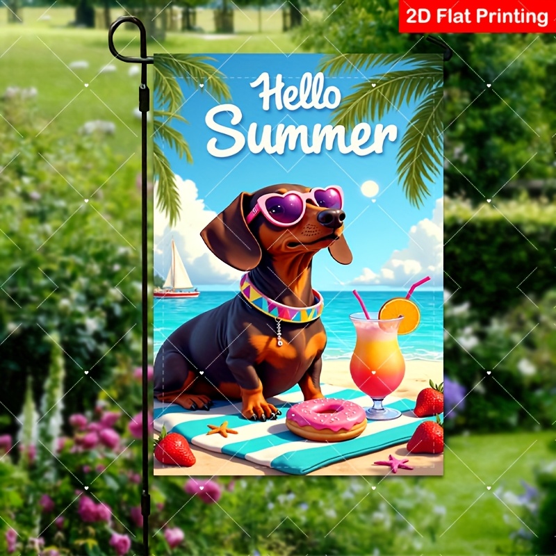 TEMU 2d Flat, 2d Flat - 1pc Double-sided Garden Flag Featuring A Dachshund Beach Scene With The Text "hello Summer", Vibrant Colors, And Made Of