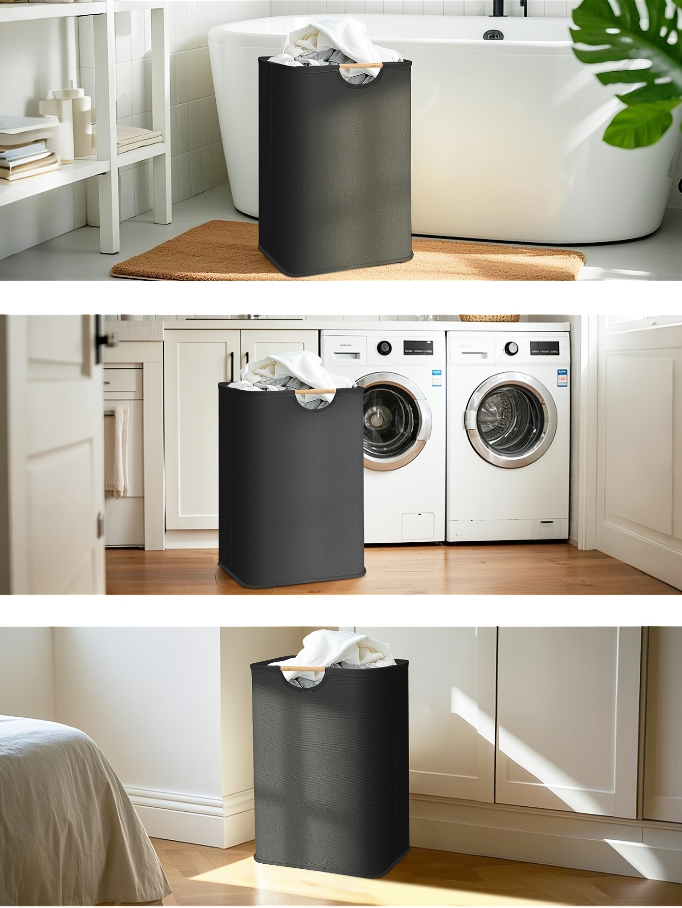 1pc/2pcs 72L Large Capacity Pure Black Laundry Basket, Solid Wood Handle, Black Minimalist Style, Foldable and Portable, Suitable for Storing Clothes, Books, Sundries, Etc., Ideal for Bathroom, Bedroom, Wardrobe, and Utility Room – Multi-Functional
