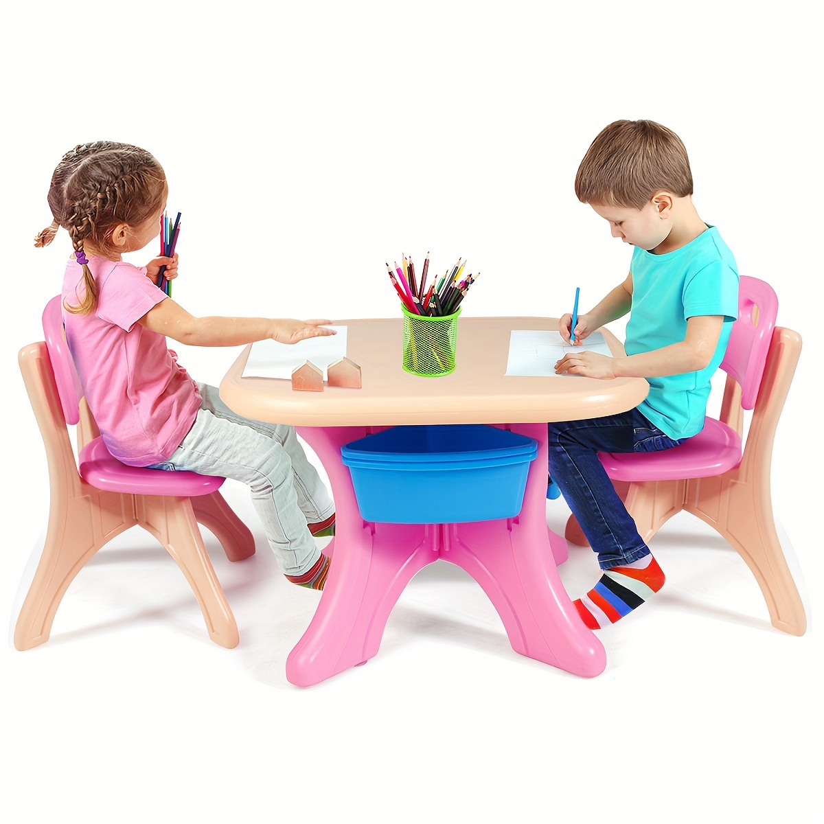 Table & 4 Chaises Enfants LIFEZEAL - Hauteur Réglable 7 Niveaux + Surface à Dessin | Bureau Ergonomique 18 Mois+