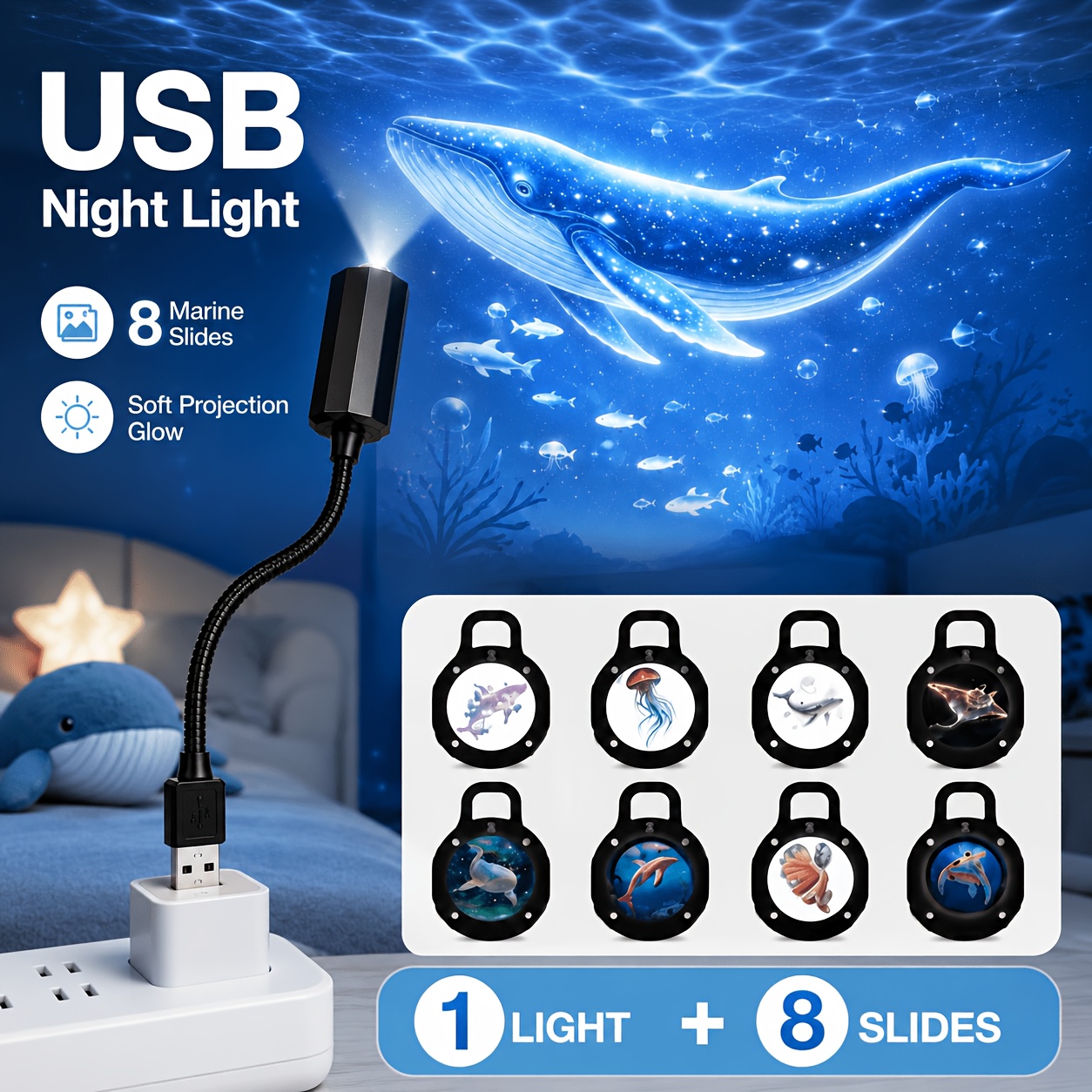 TEMU 8-slide Projector Night Light, Portable Usb Led Mood Lamp With 360° Rotation, Ocean Theme Ceiling Light For Bedroom, Photo Backdrop & Car Decor,