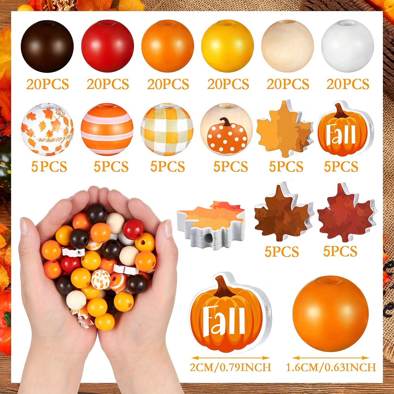 TEMU Efrey 160pcs Fall Wooden Beads Thanksgiving Orange Craft Beads Pumpkin Maple Leaf Gnome Colorful Round Beads For Halloween Craft Jewelry Making