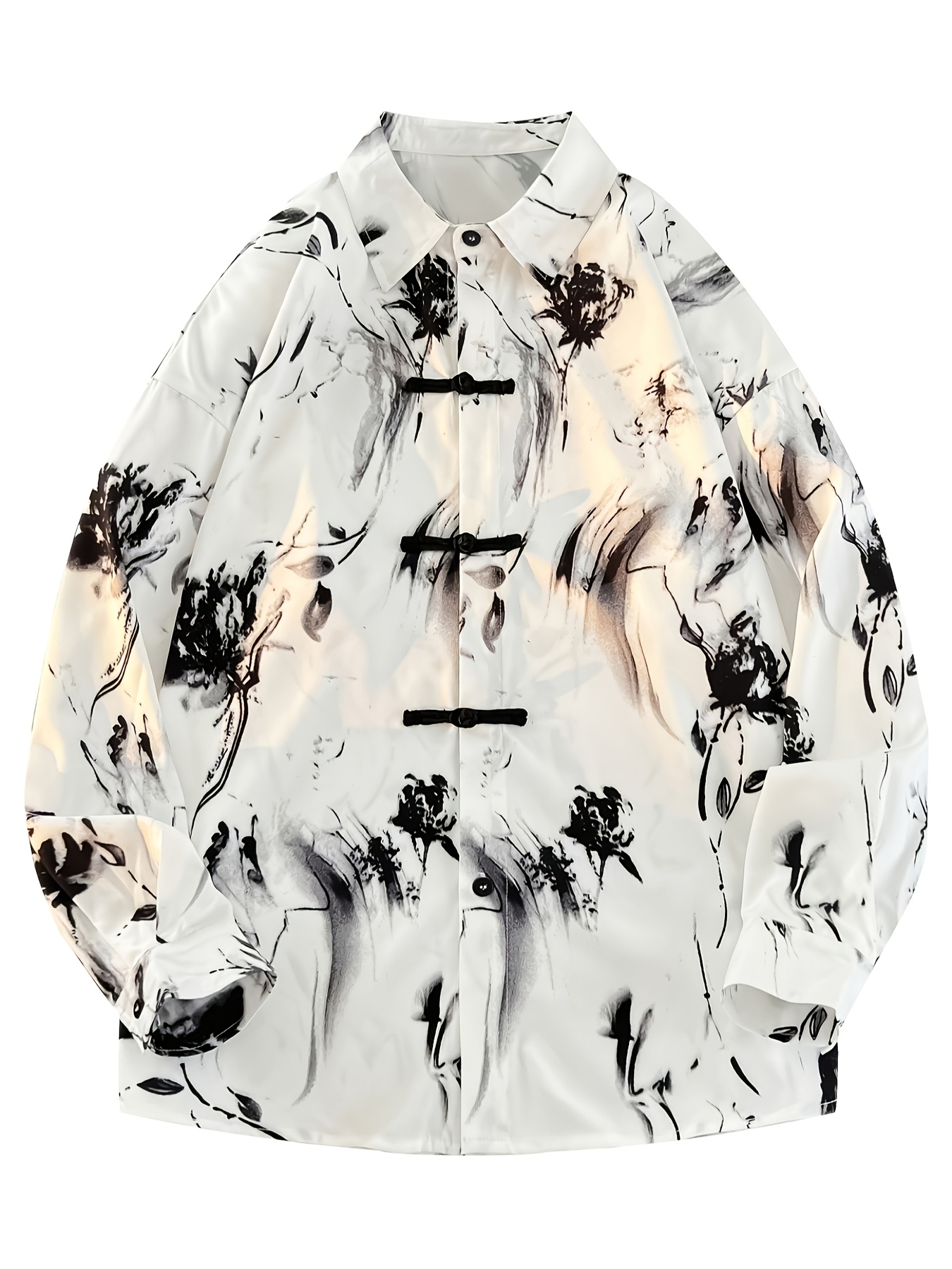 Men's Artistic Long Sleeve Chinese Style Shirt with Water Ink Print – Loose Fit, Square Collar, Polyester Blend, Black & White Mountain Water Design, Traditional Tang Suit for Spring/Fall