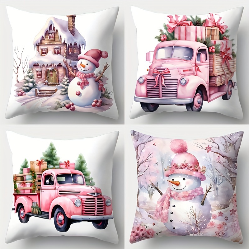 

Christmas Charm 4-piece Throw Pillow Covers Set - Snowman & Car Designs, Pink Theme, Soft Polyester, 17.7" Square, Zip Closure, Perfect For Sofa & Bed Decor