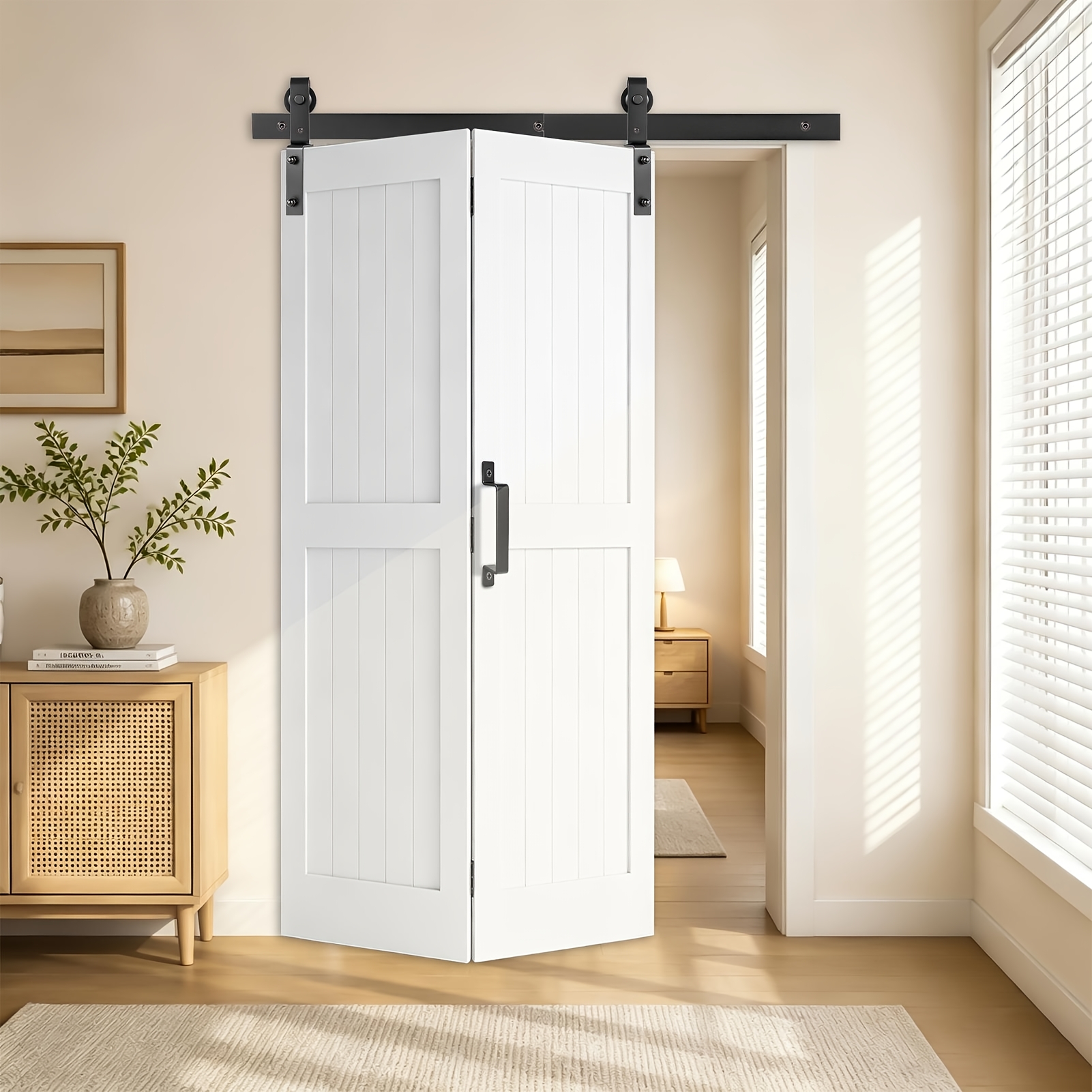 Image of 36-inch Folding Barn Door Lifting Track, With A Load Capacity Of 200kg. In Single-door Or Double-door . Suitable For Small Doorways, Storage Rooms, And Closet Doors
