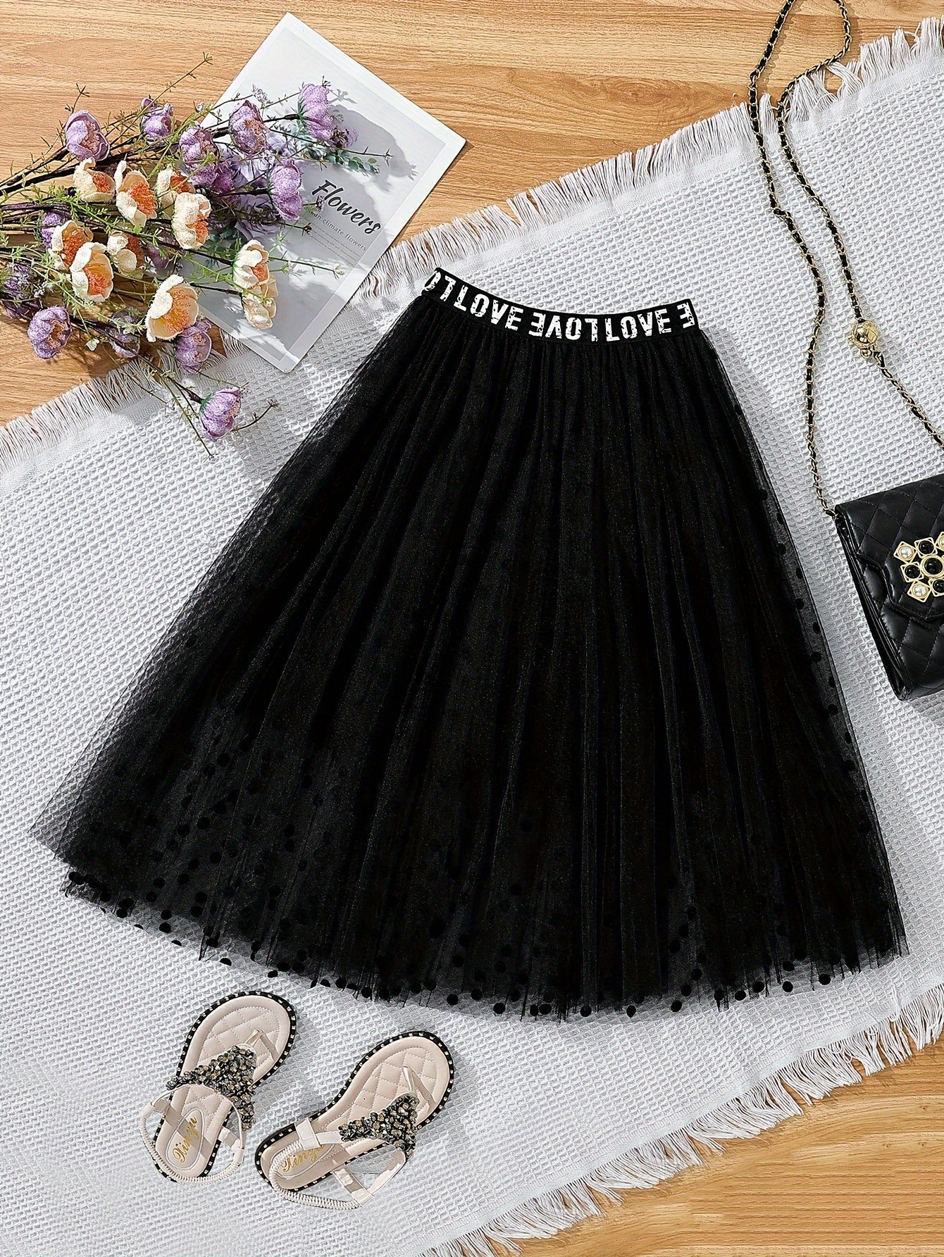 girls' cute a line flared skirt black lace effect tulle 
