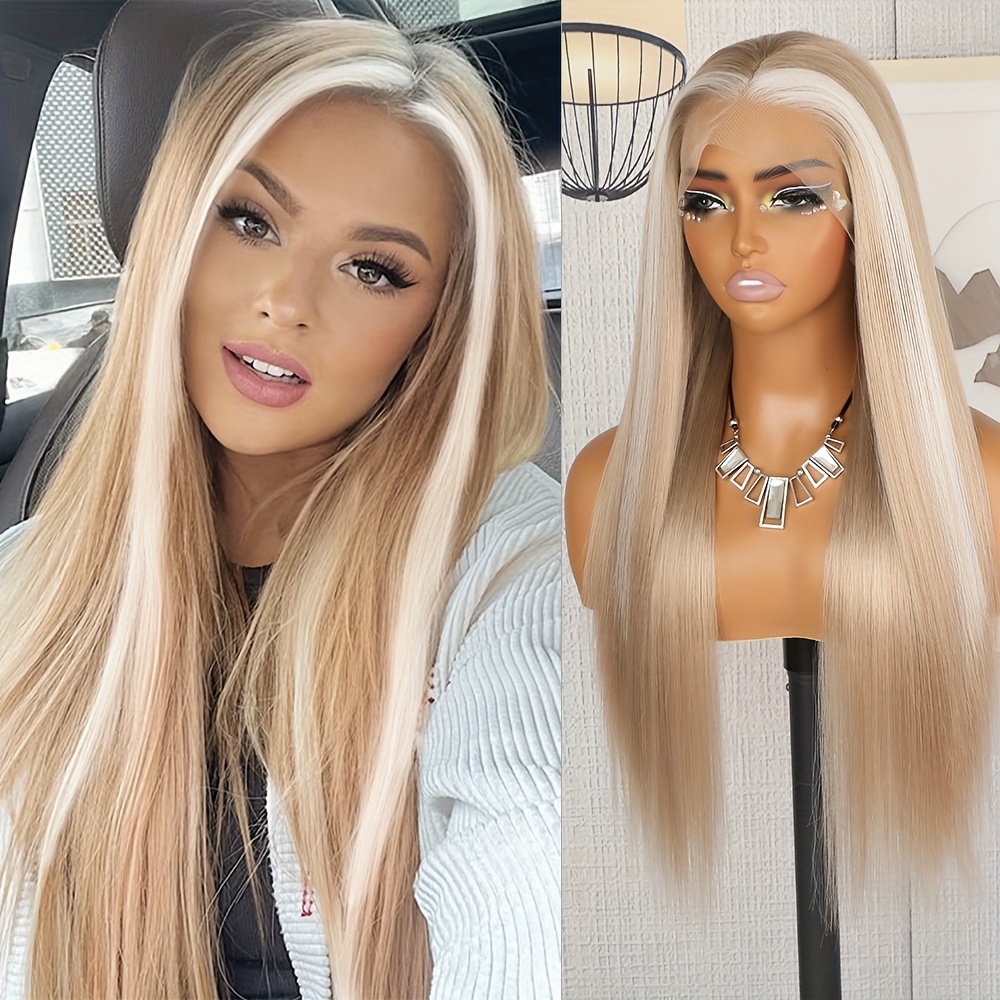 TEMU 28inch White And Blonde Highlights Long Hair Wig 180% Density 13x4 White Skunk Stripe Lace Front Wigs Long Straight Hair Wigs For Fashion Women