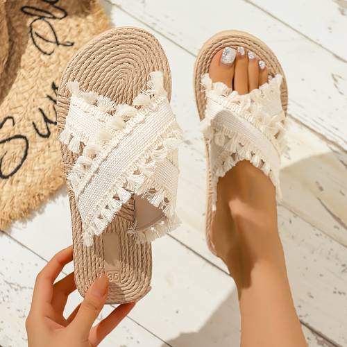 pantuflas de moda para mujer para playa y exteriores, nuevas pantuflas casuales de paja trenzada sintética para playa, elegantes y pantuflas blancas con tira , calzado para mujer