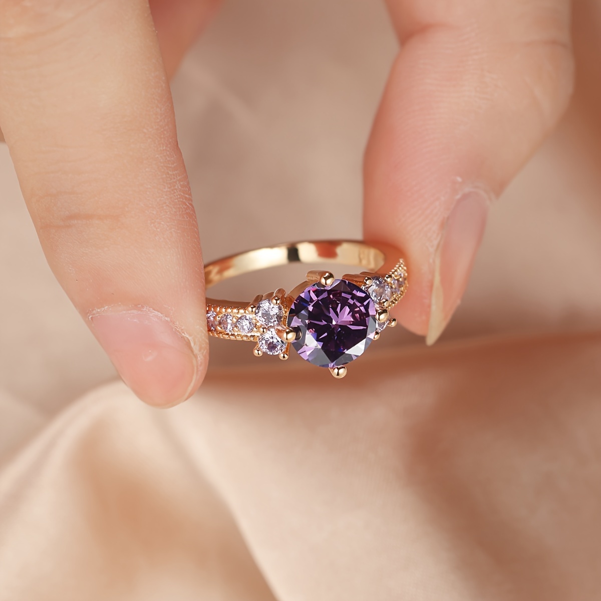 Boho Engagement Ring Yellow Tone with Round Purple Zirconia
