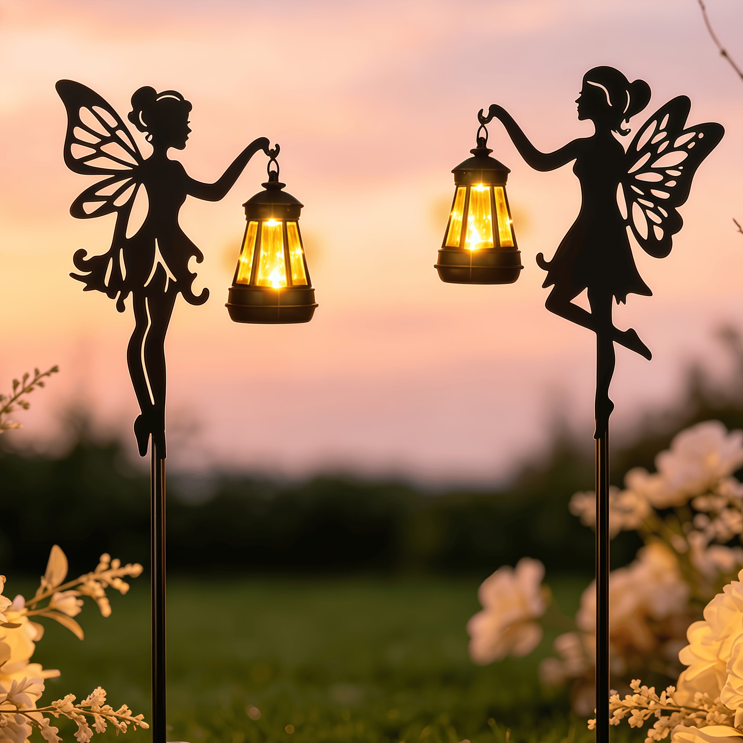 TEMU 2 Pack Solar Powered Fairy Garden Stake Lights, Ip44 Metal Silhouette Statue With Hanging Lantern, Warm Led Auto Night Light For Yard Lawn Patio
