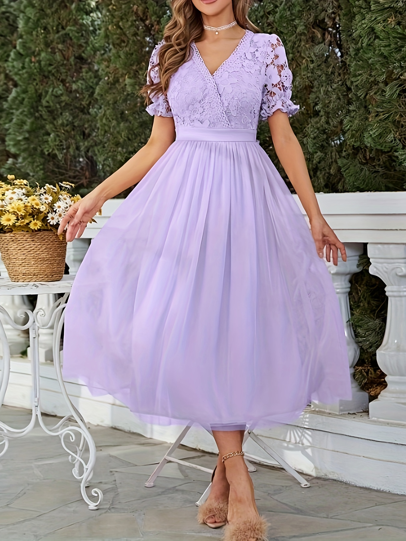 Contrast Lace Solid Dress, Elegant V Neck Puff Sleeve Bow Back Mesh Dress,  Women's Clothing
