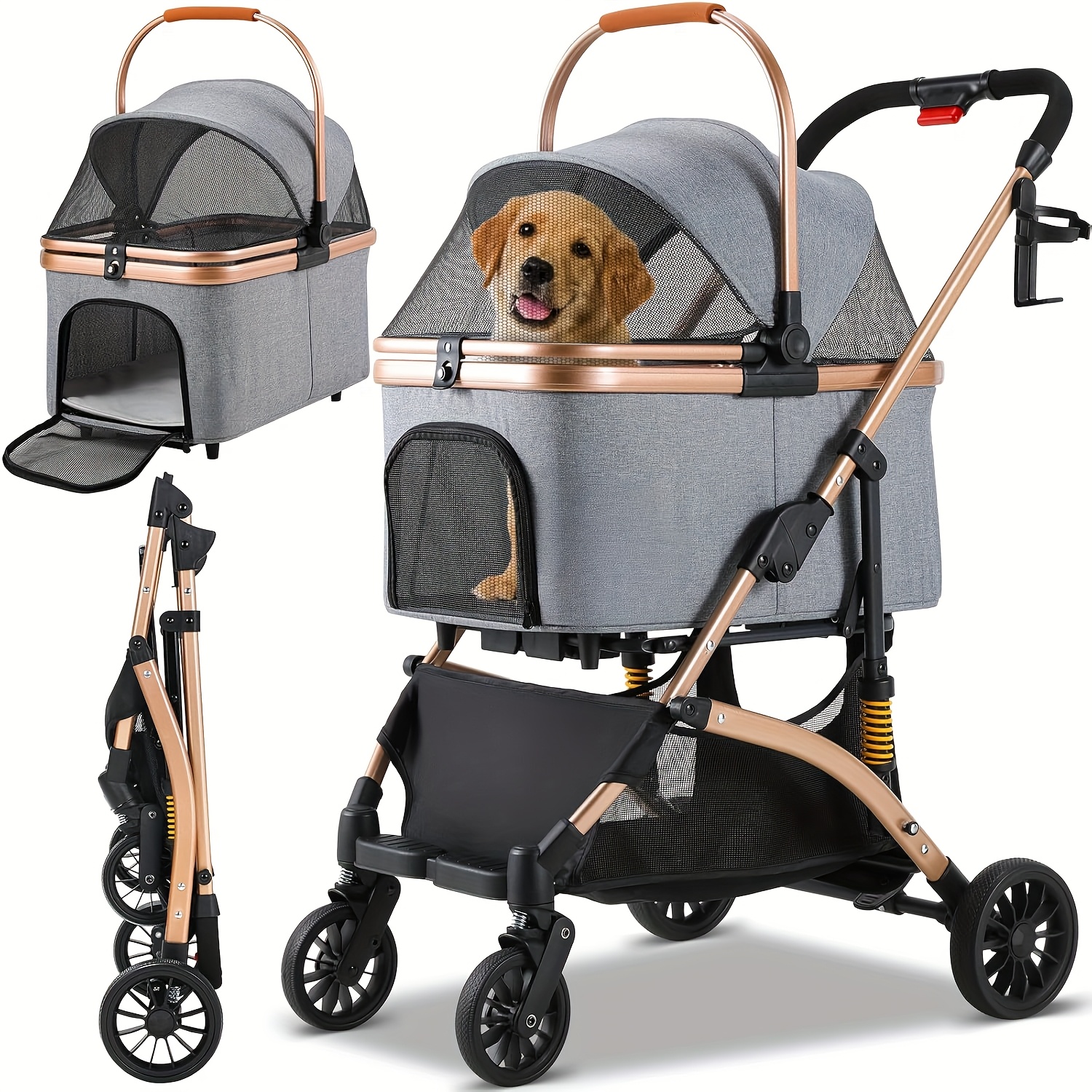 3-in-1 Dog Stroller, Dog Crate, Carrier Bag, Foldable Cat Stroller, 4 360° Wear-resistant Rubber Wheels, Storage Basket, Drink Holder, Up To 20kg, For Small Dogs And Cats