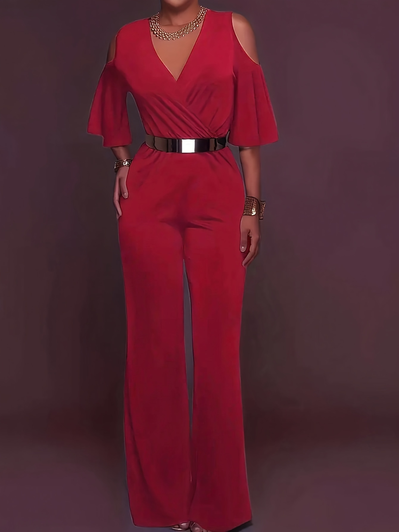 Elegant Solid Color Women's Jumpsuit with Puff Sleeve Detail Wide-Leg  Solid Red Jumpsuit for Wear, Chic Casual Formal Outfits, Ladies J