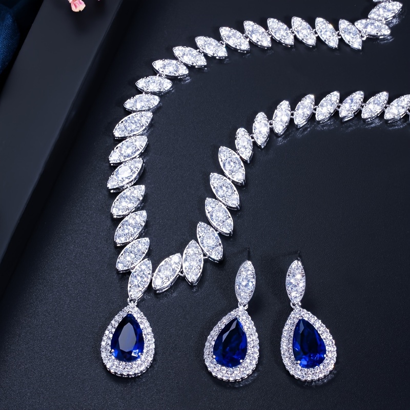 elegant 3pcs jewelry set for women luxurious   pendant necklace dangle earrings with sparkling synthetic zirconia   weddings parties details 14