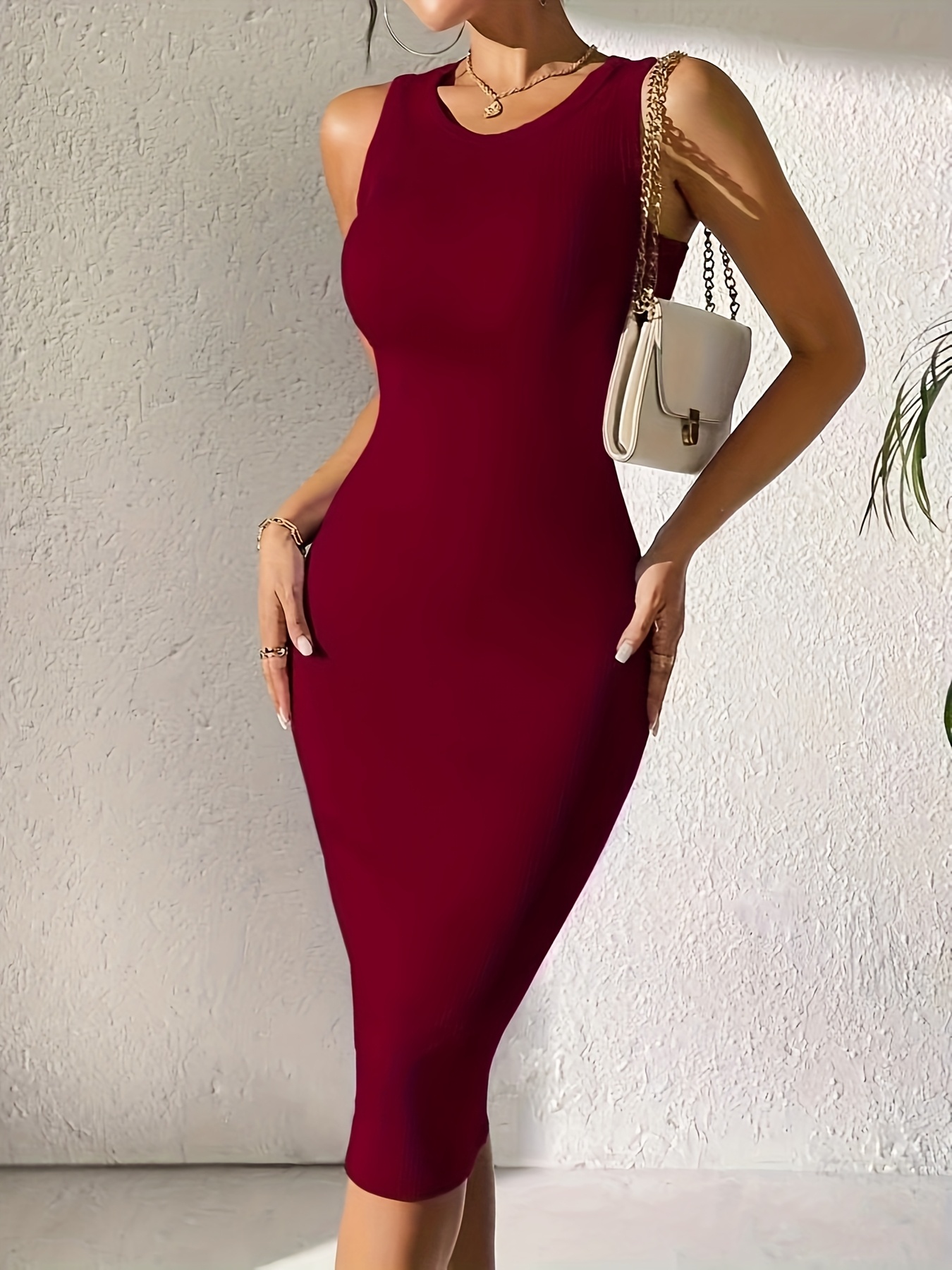 womens elegant bodycon dress stretchy fabric round neck - Temu United Arab  Emirates