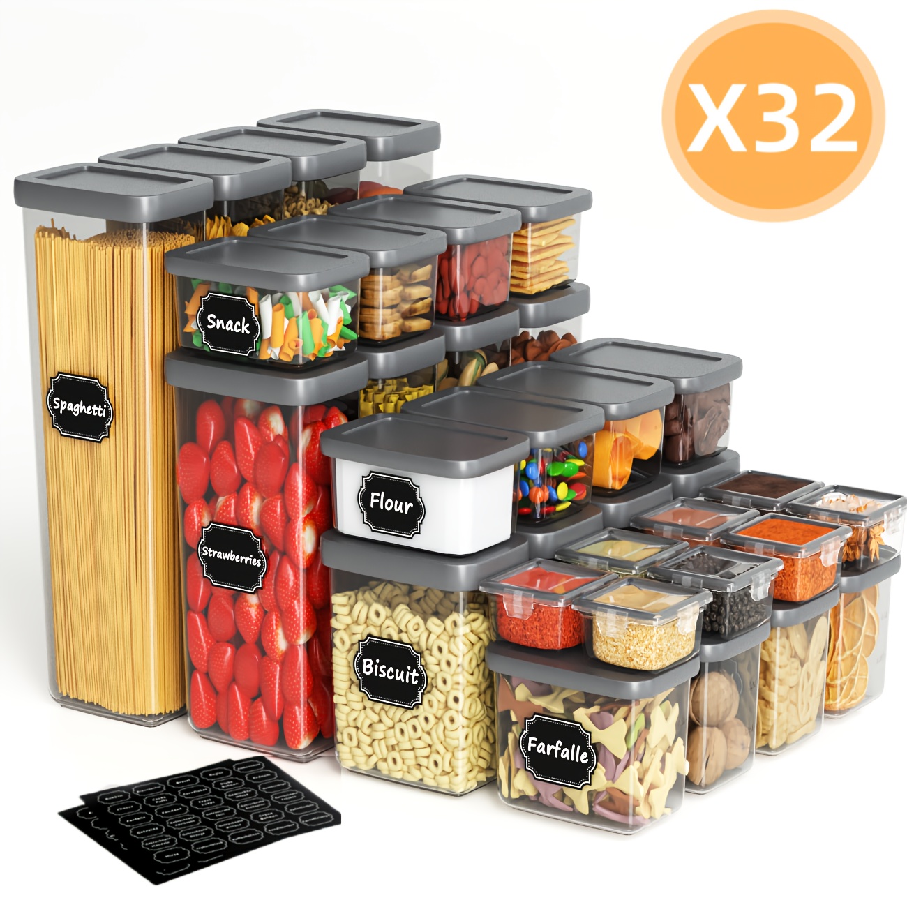 TEMU 64pcs Set Of Miscellaneous Grain Jars (32 Jars+32 Lids) Food Storage Jar, Spaghetti Miscellaneous Grain Storage Jar, Food Grade, Kitchen Storage