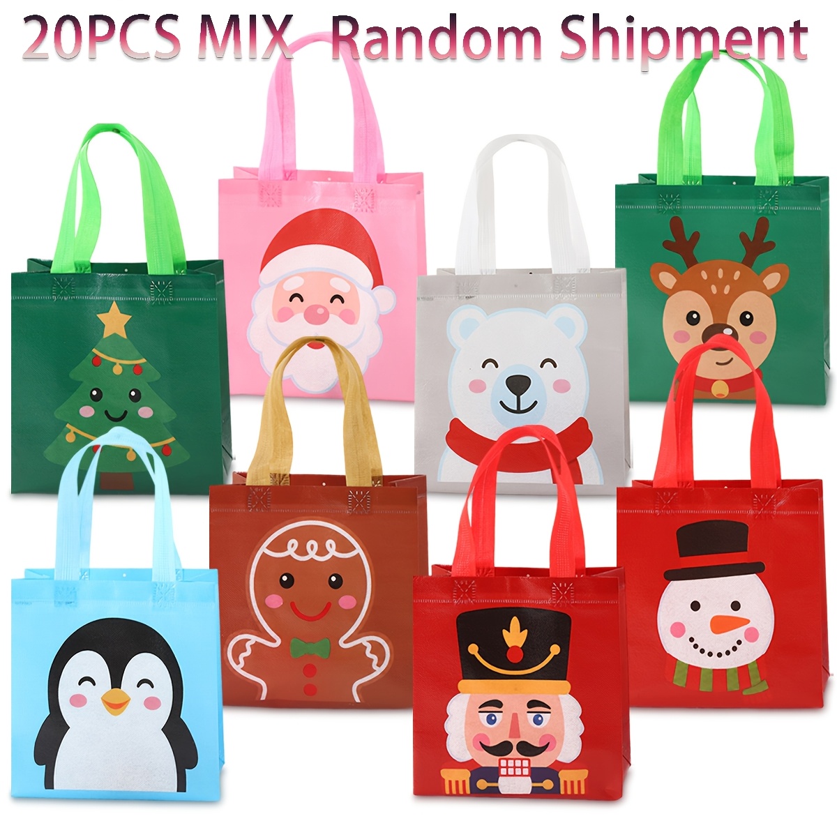 TEMU 20pcs Random Shipment Christmas Series Non-woven Gift Bag, Pattern Printed Gift Bag With Christmas Tree, Santa Claus, Reindeer, Gingerbread For