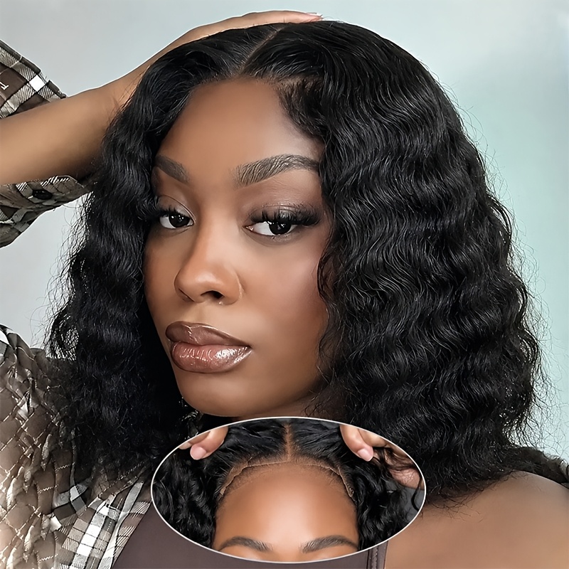 TEMU Bouncy Short Curly Bob Wig 12 Inch Brazilian Human Hair Deep Wave Glueless Wigs Pre Cut 4x4 Lace Front Bob Wigs For Women Beginner Friendly For