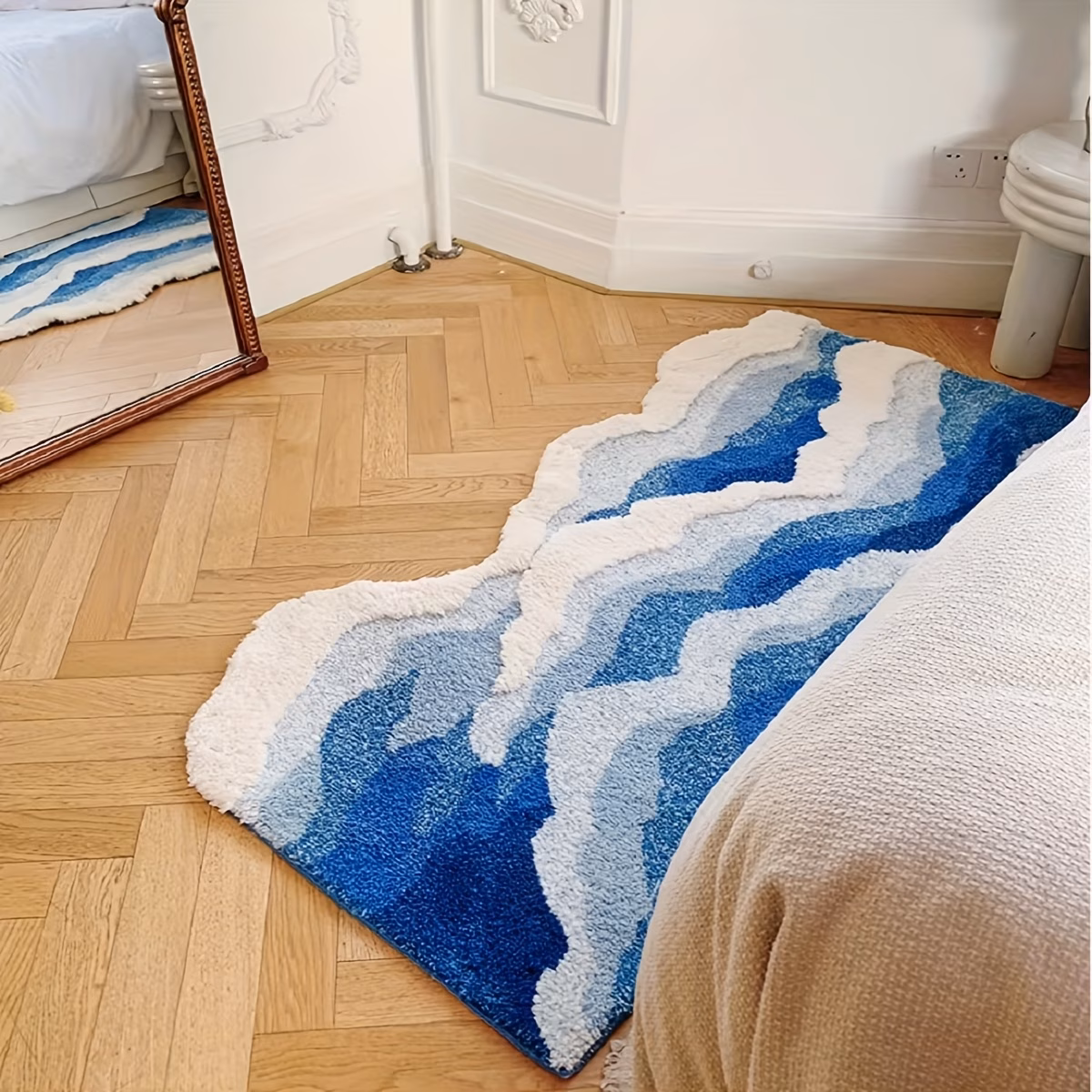 1850g m thickened and dense tufted flocked carpet with tpr non slip backing art ocean carpet irregular outline with and white like soft comfortable non slip water absorbent for bedroom living room decor Product details 2
