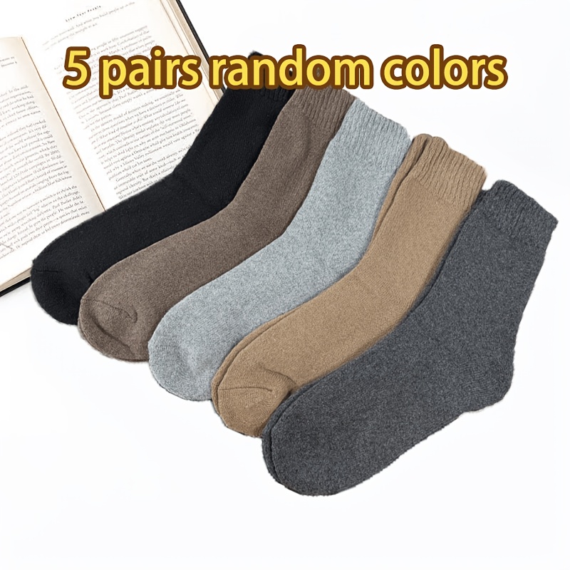 TEMU 5 Pairs Of Thickened Winter Men's Wool Socks, Warm And Cold-resistant Mid-calf Socks For Mountaineering, Versatile Solid-color Ski Socks,
