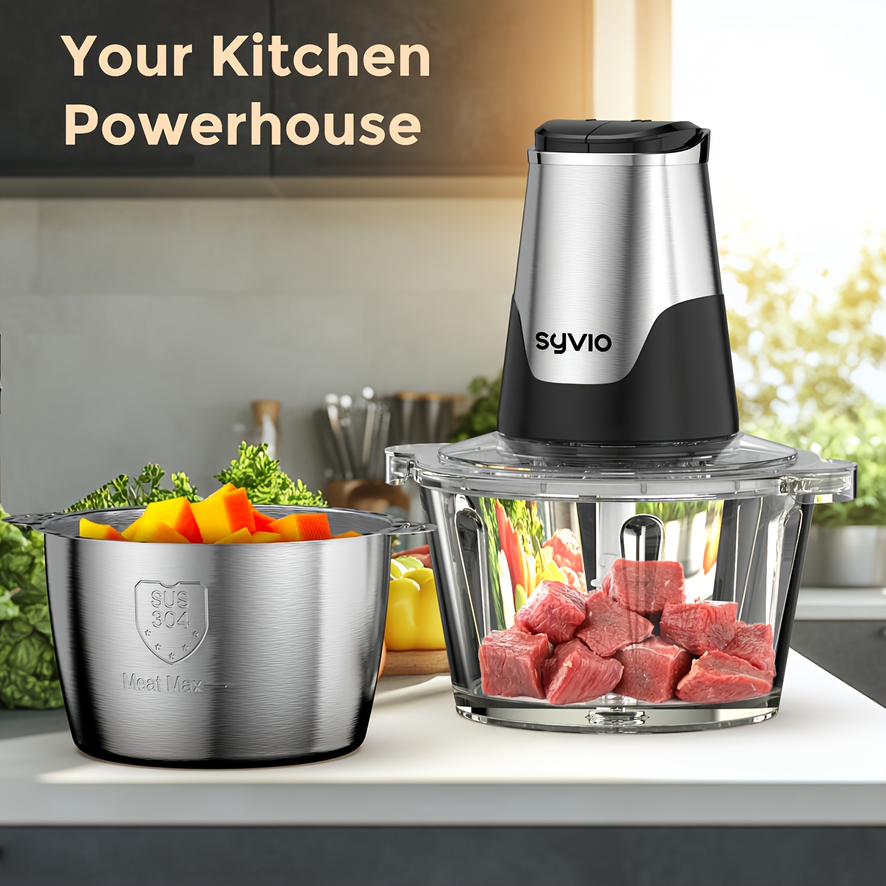 TEMU Syvio 450w Food Processors With 2 Bowls, Meat Grinder 4 Blades, Mini Electric Food Chopper, For Baby Food, Meat, Onion, Vegetables Chopper, 2