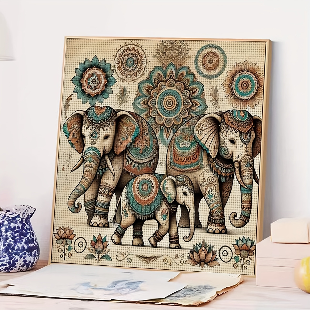 Printed DIY Cross Stitch Kit, Frameless, Gorgeous Decorated Three Elephants
