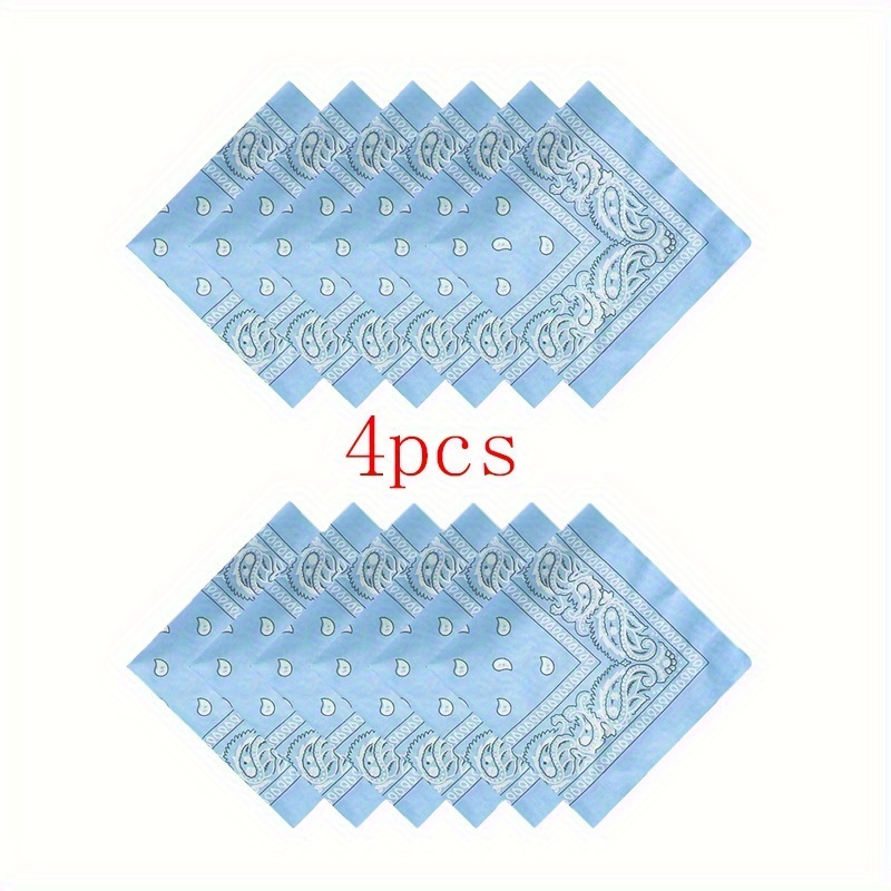 Image of 4pcs Of Light Blue Paisley Patterned Square Scarves For Men And Women, Stylish And Versatile For Outdoor Cycling, Used As Masks, Headscarves, Or